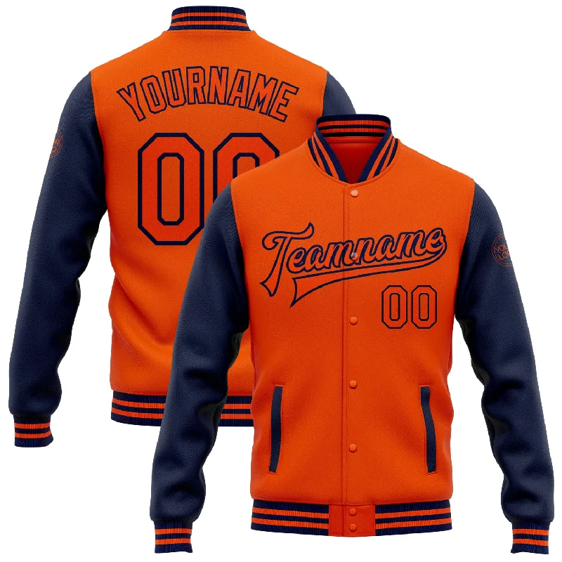 Bold And Trendy Gender-Neutral Outfits Athleisure Style Sale Custom Orange Navy Bomber Full-Snap Varsity Letterman Two Tone Jacket