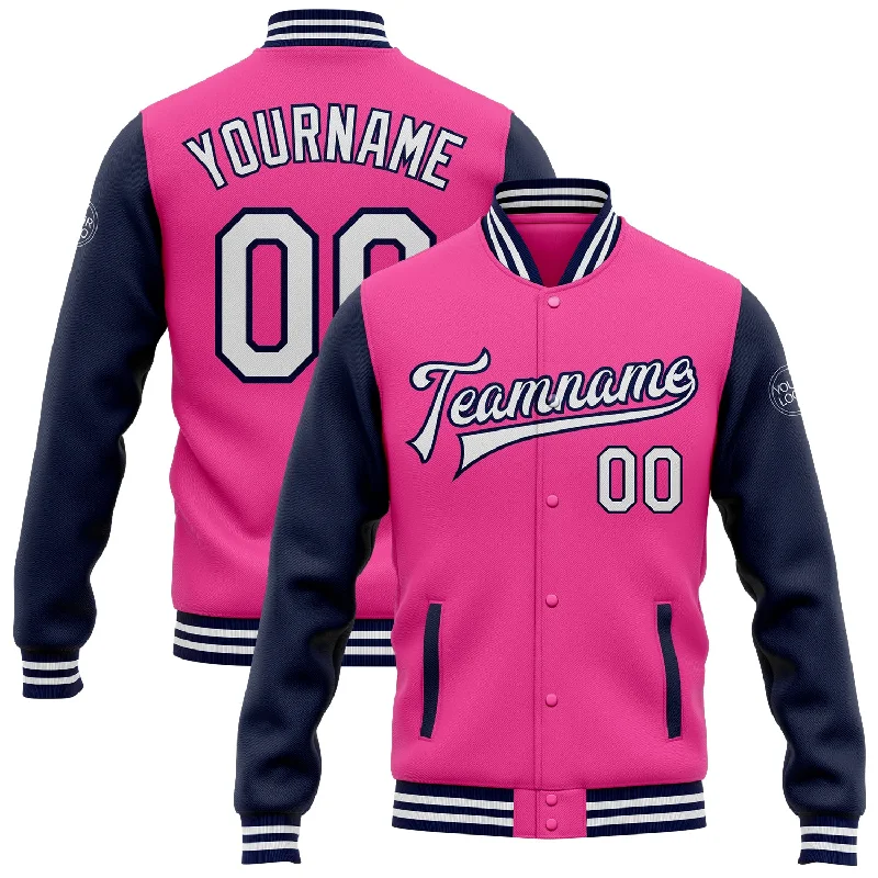 Versatile And Stylish Unisex Apparel The Good Stuff Custom Pink White-Navy Bomber Full-Snap Varsity Letterman Two Tone Jacket