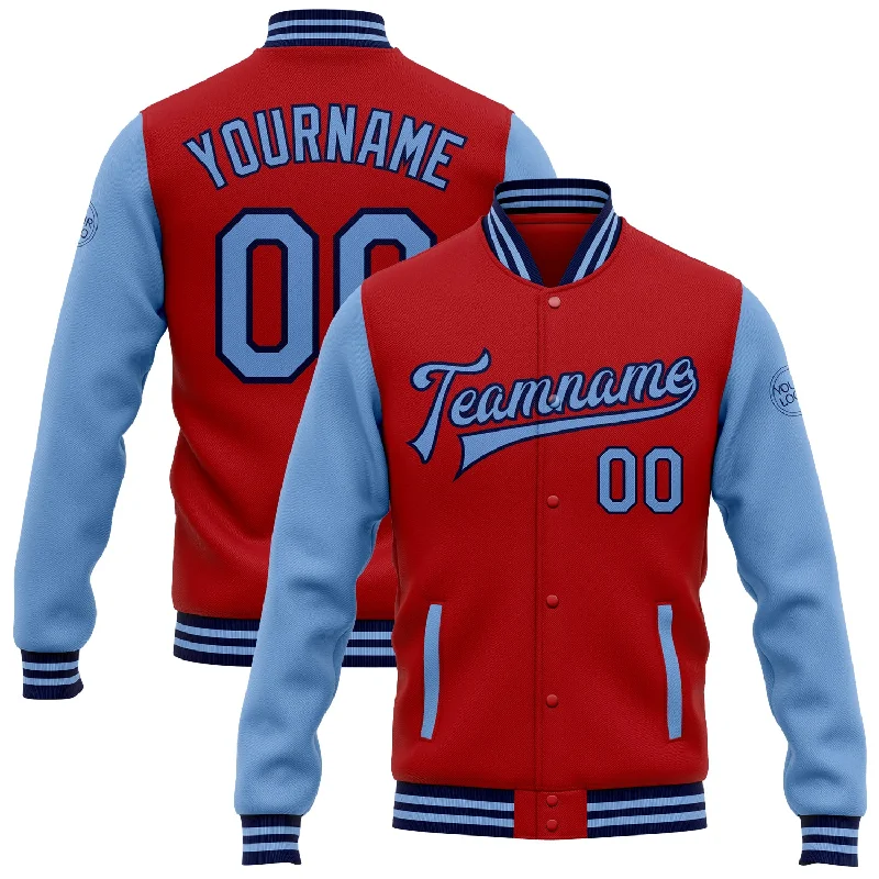 Fashion-Forward Gender-Neutral Outfit Ideas Comfort Meets Fashion Custom Red Light Blue-Navy Bomber Full-Snap Varsity Letterman Two Tone Jacket