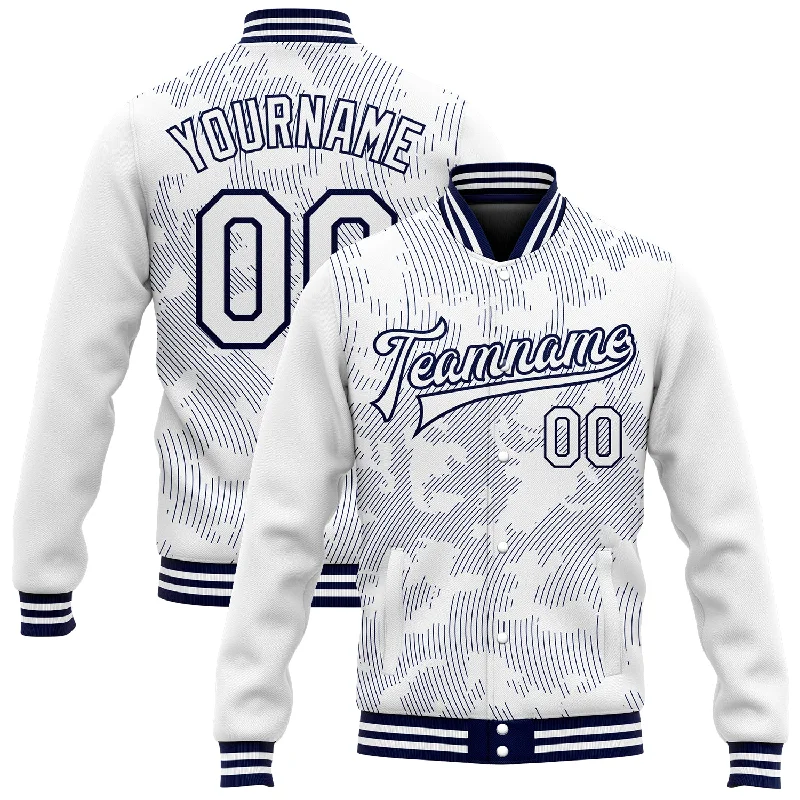 Sustainable And Ethical Unisex Clothing Street Chic Discounts Custom White Navy 3D Pattern Design Bomber Full-Snap Varsity Letterman Jacket