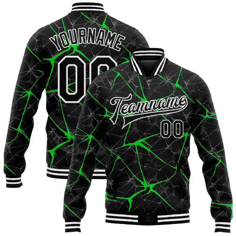 Trendy Unisex Streetwear Fashion Refined Fashion Sale Custom Black Neon Green 3D Pattern Design Bomber Full-Snap Varsity Letterman Jacket