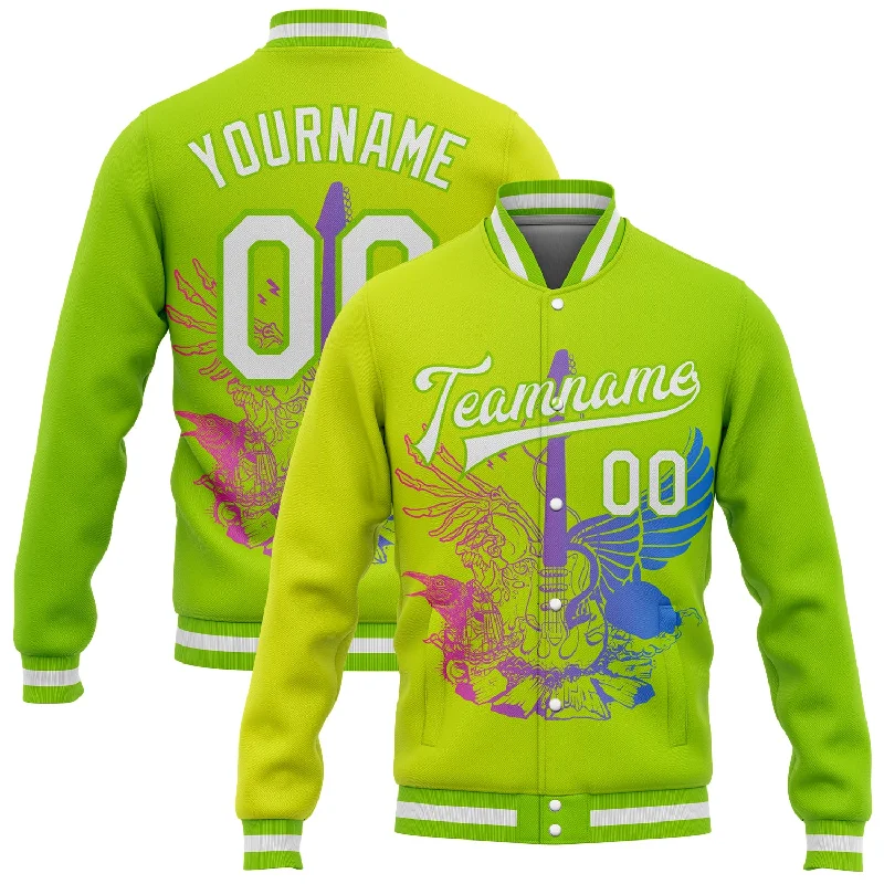 Versatile Unisex Layering Pieces Premium Style Custom Neon Green White-Neon Yellow Guitar Rock Roll Music Festival 3D Pattern Design Bomber Full-Snap Varsity Letterman Gradient Fashion Jacket