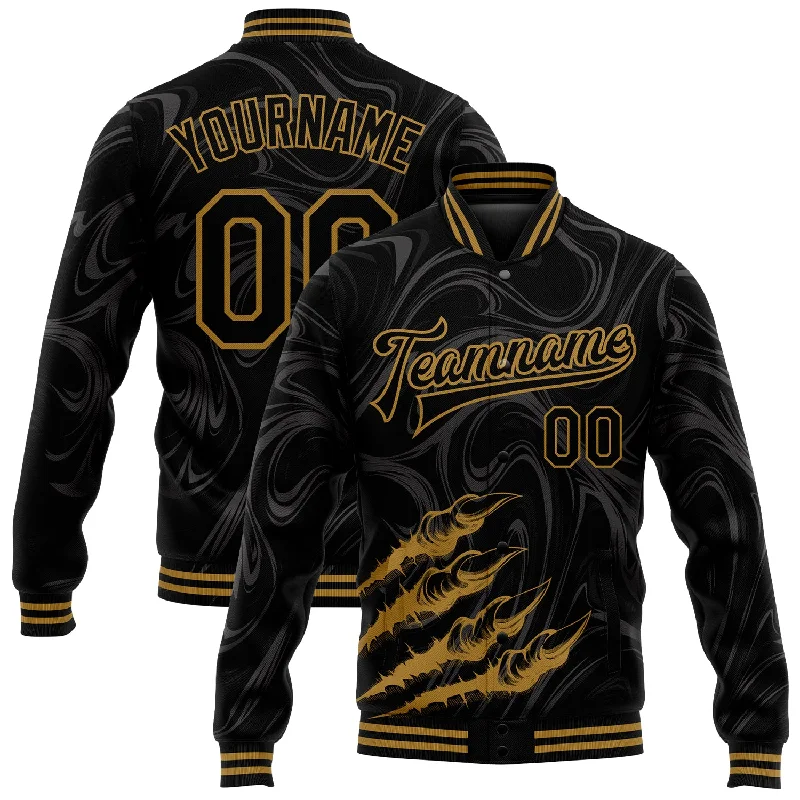 High-Quality Unisex Fashion Basics Premium Style Offers Custom Black Old Gold Beast Claws 3D Pattern Design Bomber Full-Snap Varsity Letterman Jacket