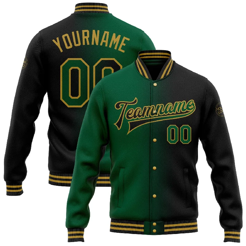 Chic And Contemporary Unisex Clothing Choices Hot Brand Discounts Custom Black Kelly Green-Old Gold Bomber Full-Snap Varsity Letterman Gradient Fashion Jacket