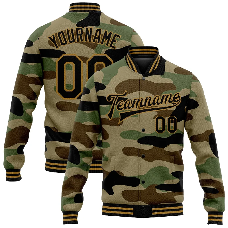 Everyday Wear For Men And Women Elevated Casual Discounts Custom Camo Black-Old Gold Jungle Camouflage 3D Bomber Full-Snap Varsity Letterman Salute To Service Jacket