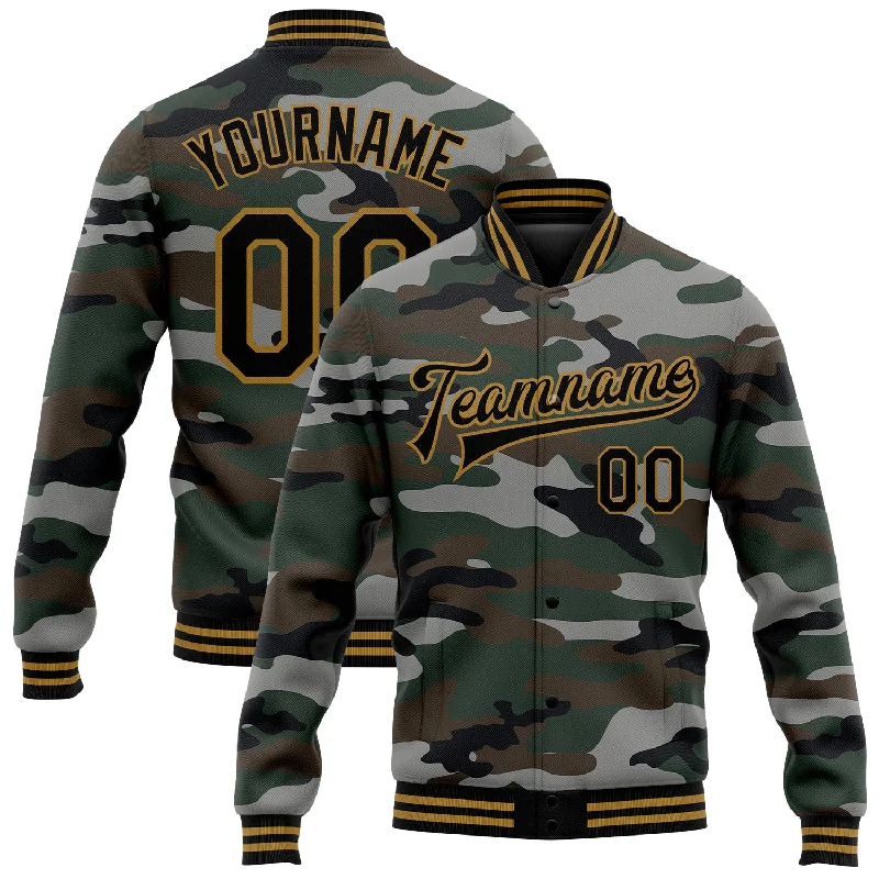 Unisex Casual Fashion Trends Modern Chic Discounts Custom Camo Black-Old Gold Jungle Camouflage 3D Bomber Full-Snap Varsity Letterman Salute To Service Jacket