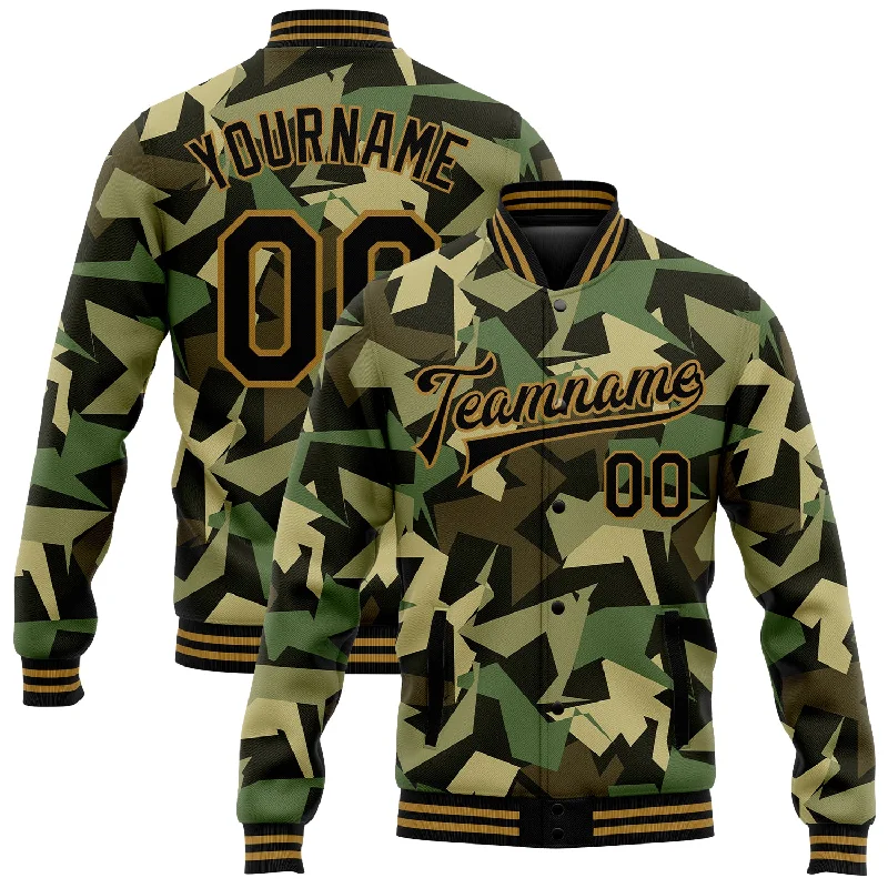 Chic And Contemporary Unisex Clothing Choices Trendy Looks On Sale Custom Camo Black-Old Gold Geometric Camouflage 3D Bomber Full-Snap Varsity Letterman Salute To Service Jacket