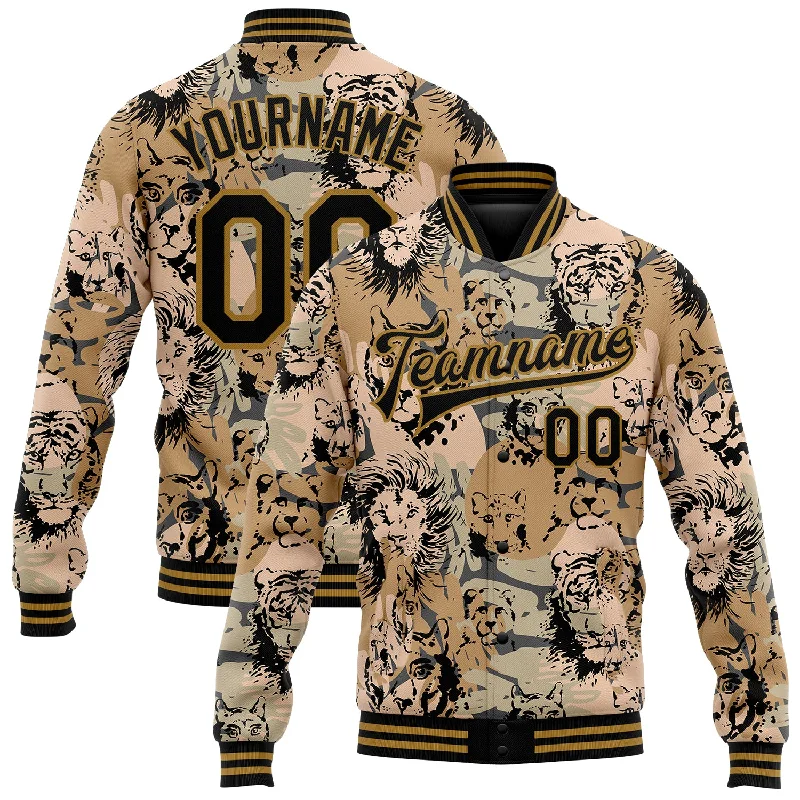 Trendy Unisex Season Sale Custom Camo Black-Old Gold Lion And Tiger 3D Pattern Design Bomber Full-Snap Varsity Letterman Salute To Service Jacket