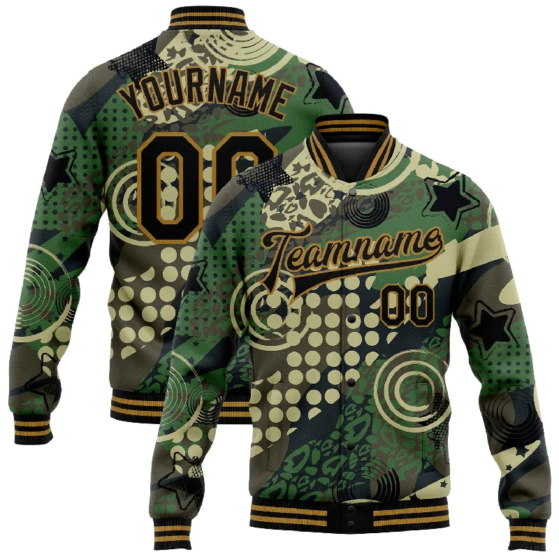 Minimalist Unisex Fashion Essentials Fashionista Favorites Custom Camo Black-Old Gold Dots And Geometric Figures 3D Pattern Design Bomber Full-Snap Varsity Letterman Salute To Service Jacket