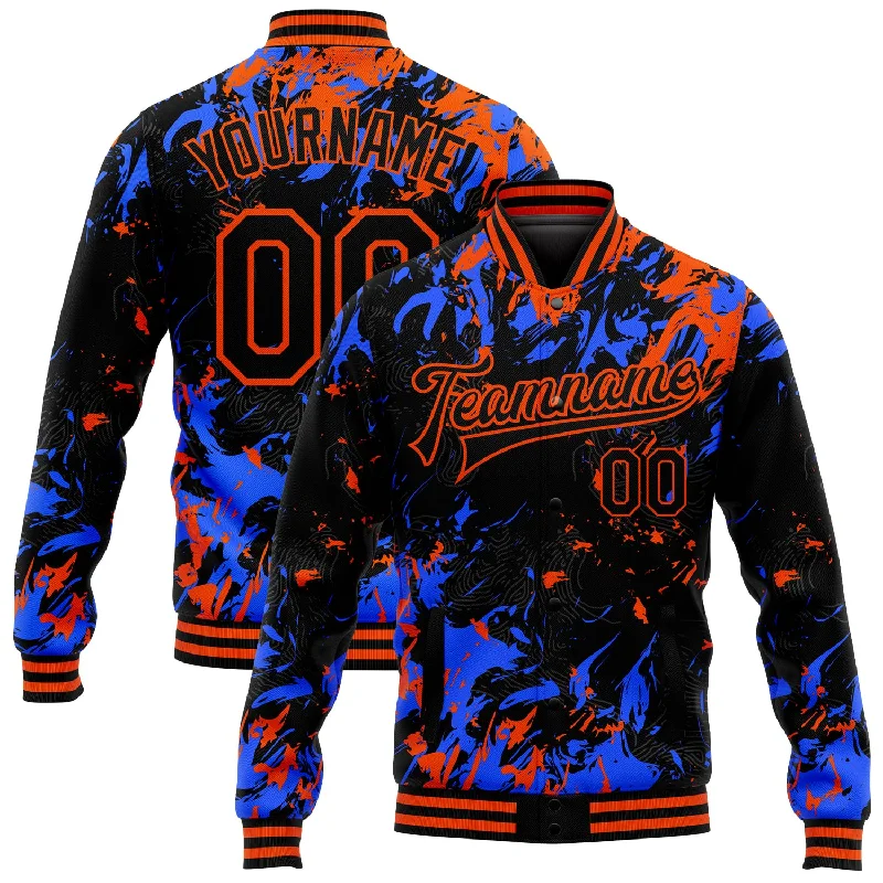 Unisex Casual Wear For All Seasons Sophisticated Street Style Offers Custom Black Orange-Royal 3D Pattern Design Bomber Full-Snap Varsity Letterman Jacket