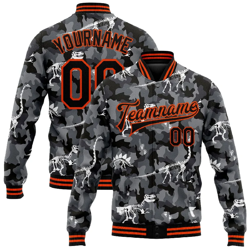 High-Quality Unisex Fashion Basics Evening Elegance Custom Camo Black-Orange Dinosaur 3D Pattern Design Bomber Full-Snap Varsity Letterman Salute To Service Jacket