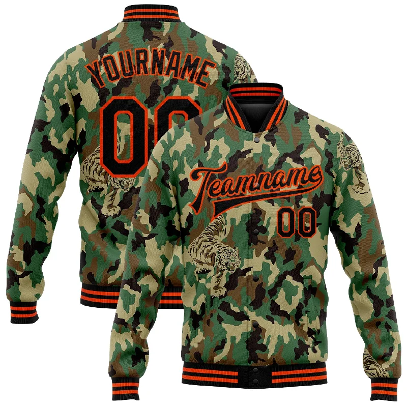 Urban Unisex Fashion Outfits Summer Fashion Custom Camo Black-Orange Tiger 3D Pattern Design Bomber Full-Snap Varsity Letterman Salute To Service Jacket