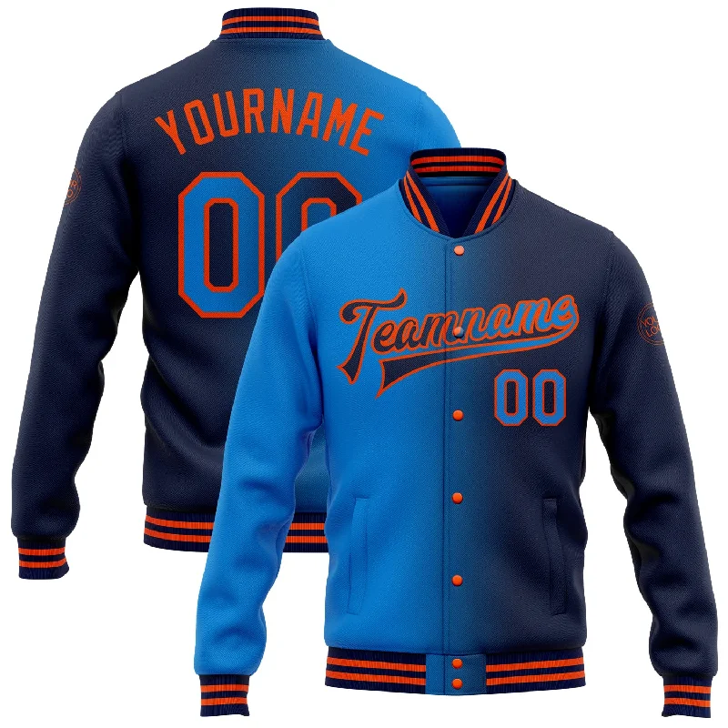 Lightweight And Breathable Unisex Wear New Season Fashion Preview Sale Custom Navy Powder Blue-Orange Bomber Full-Snap Varsity Letterman Gradient Fashion Jacket