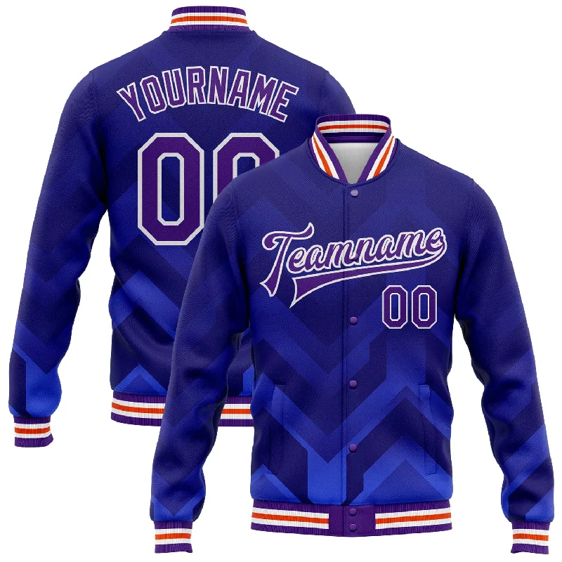 Versatile Gender-Free Wardrobe Essentials Urban Elegance Deals Custom Royal Purple-Orange 3D Pattern Design Bomber Full-Snap Varsity Letterman Jacket