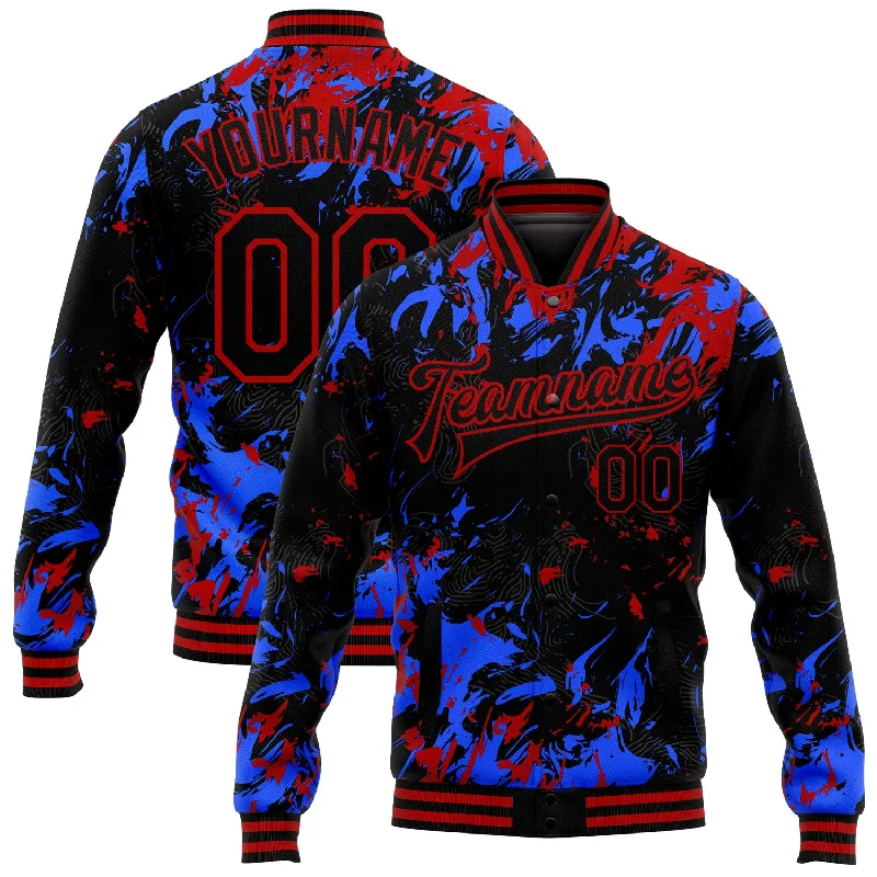 Comfortable And Stylish Unisex Outfits Classy Style Discounts Custom Black Red-Royal 3D Pattern Design Bomber Full-Snap Varsity Letterman Jacket