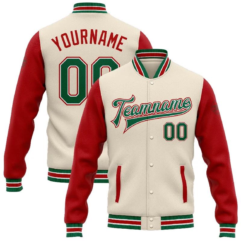 Classic Unisex Fashion Looks Crazy Discounts, Hurry Up Custom Cream Kelly Green-Red Bomber Full-Snap Varsity Letterman Two Tone Jacket