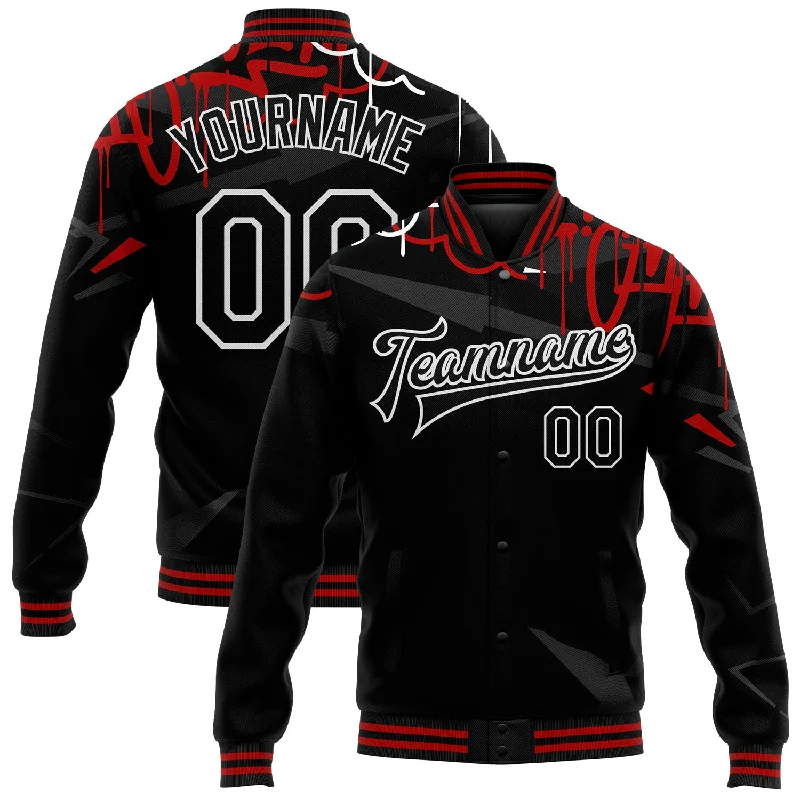 Trendy Unisex Get The Latest Trends Custom Graffiti Pattern Black-Red Dark Abstract Urban Street Art 3D Bomber Full-Snap Varsity Letterman Jacket