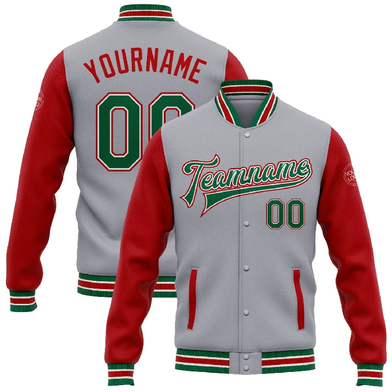 Minimalist Unisex Wardrobe Must-Haves New Styles Just In Custom Gray Kelly Green-Red Bomber Full-Snap Varsity Letterman Two Tone Jacket