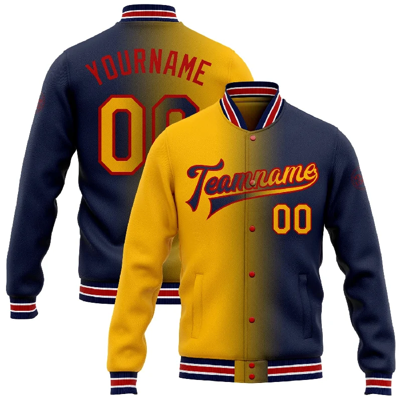 High-Quality Unisex Basics For All Occasions Sustainable Fashion Extravaganza Custom Navy Gold-Red Bomber Full-Snap Varsity Letterman Gradient Fashion Jacket