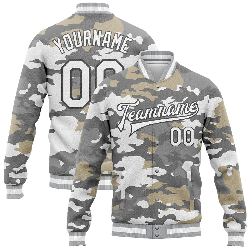 Bold And Trendy Gender-Neutral Outfits Modish Fashion Discounts Custom Camo White-Steel Gray Snow Camouflage 3D Bomber Full-Snap Varsity Letterman Salute To Service Jacket