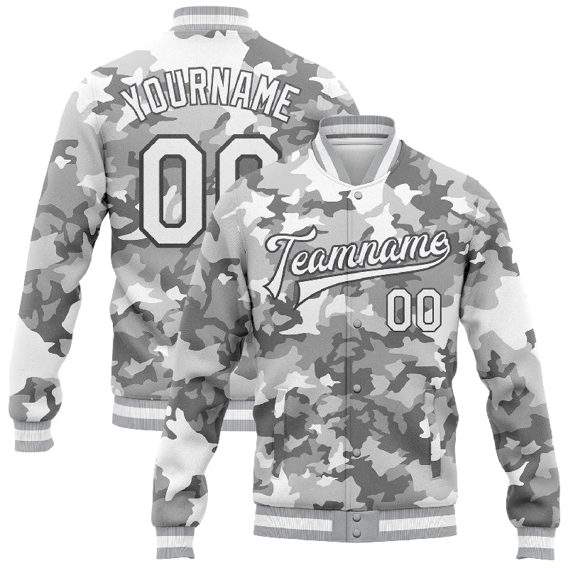 Urban-Inspired Unisex Fashion Pieces Luxury Casual Deals Custom Camo White-Steel Gray Snow Camouflage 3D Bomber Full-Snap Varsity Letterman Salute To Service Jacket