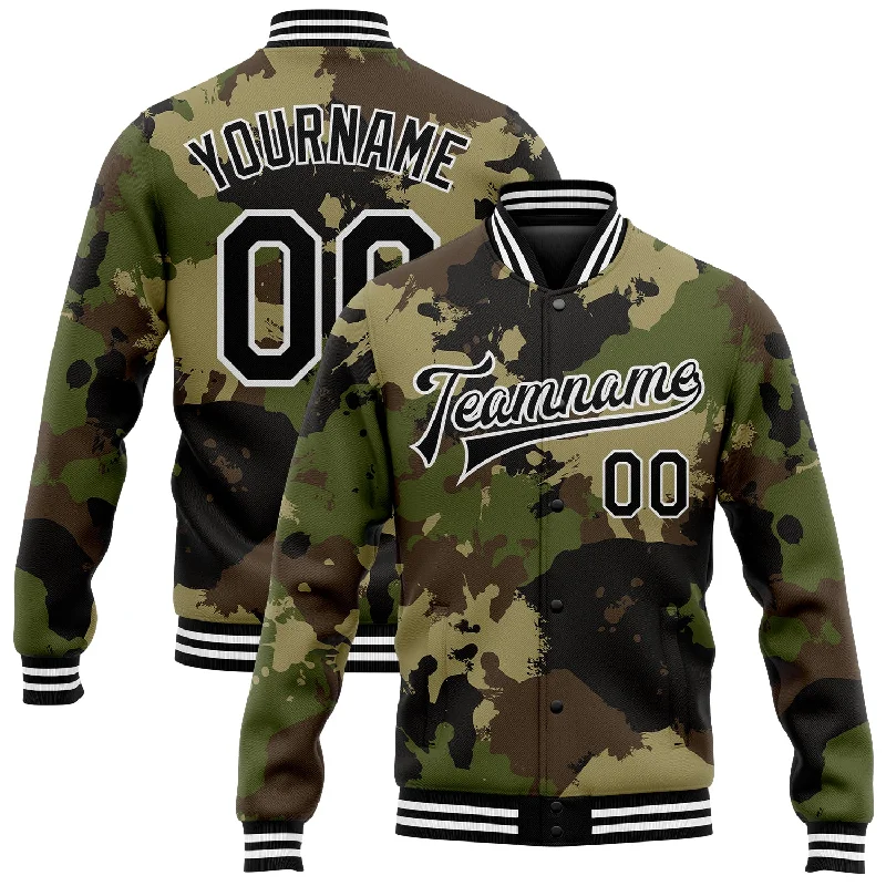 Relaxed-Fit Unisex Fashion For All-Day Comfort Casual Chic Deals Custom Camo Black-White Graffiti Camouflage 3D Bomber Full-Snap Varsity Letterman Salute To Service Jacket