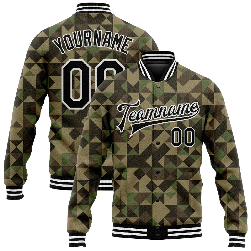 Modern Unisex Clothing For Any Occasion Premium Style Custom Camo Black-White Geometric Camouflage 3D Bomber Full-Snap Varsity Letterman Salute To Service Jacket