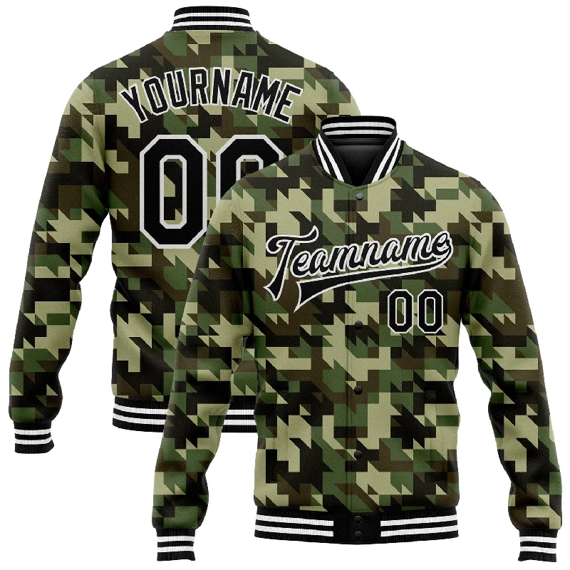 Unisex Casual Wear For All Seasons Casual Fashion Custom Camo Black-White Geometric Camouflage 3D Bomber Full-Snap Varsity Letterman Salute To Service Jacket