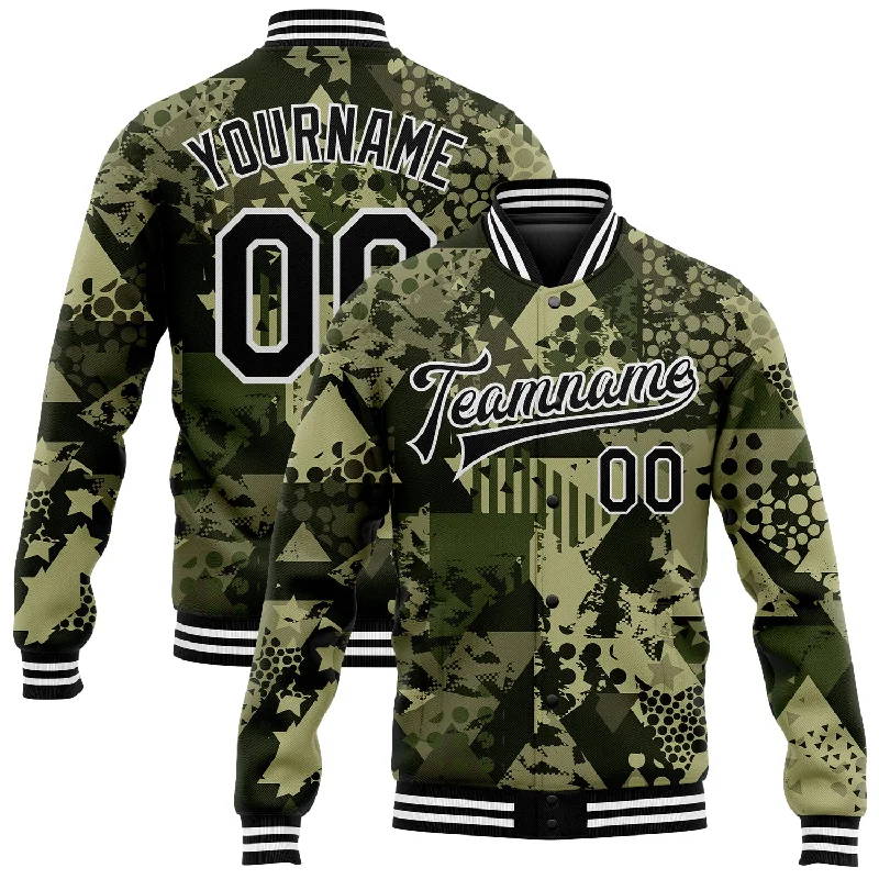 Fashion-Forward Unisex Apparel Save Big Custom Camo Black-White Geometric Camouflage 3D Bomber Full-Snap Varsity Letterman Salute To Service Jacket