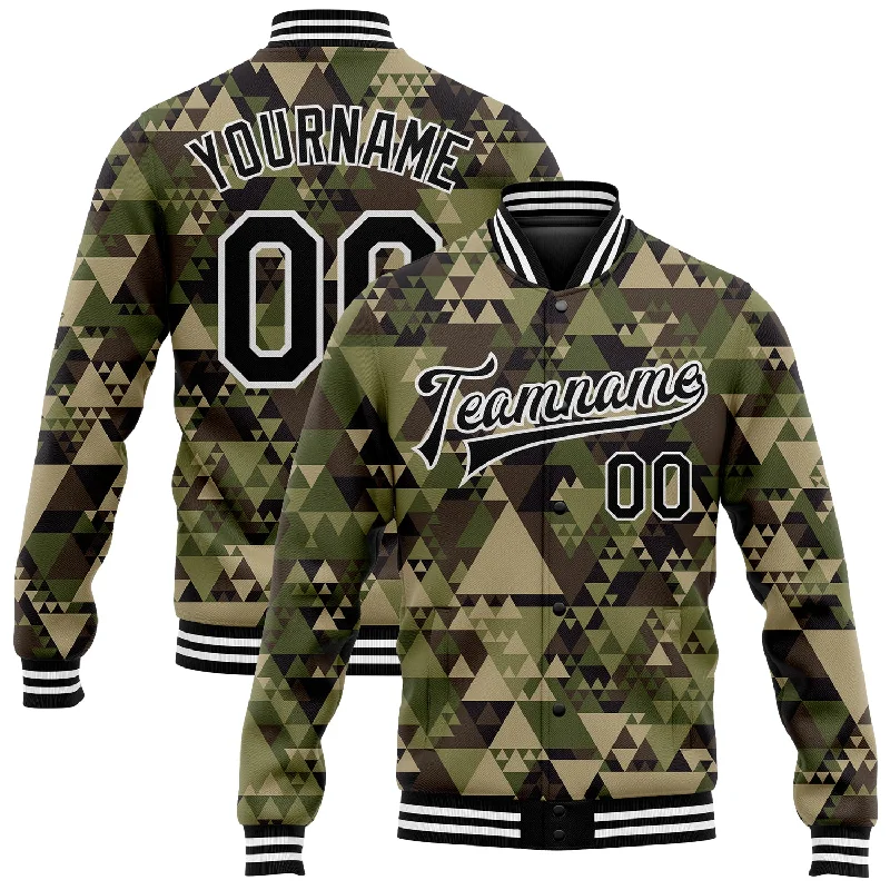 Contemporary Gender-Free Clothing Styles Stylish Savings Custom Camo Black-White Geometric Camouflage 3D Bomber Full-Snap Varsity Letterman Salute To Service Jacket