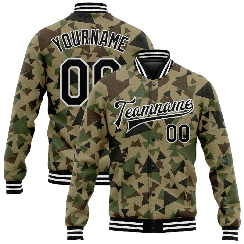 Classic Unisex Fashion Looks Latest Fashion Custom Camo Black-White Geometric Camouflage 3D Bomber Full-Snap Varsity Letterman Salute To Service Jacket