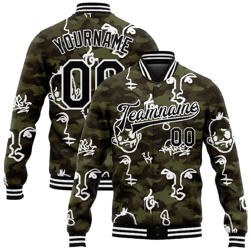 Gender-Neutral Clothing Styles Limited-Time Offer Custom Camo Black-White Hand Painted Face 3D Pattern Design Bomber Full-Snap Varsity Letterman Salute To Service Jacket