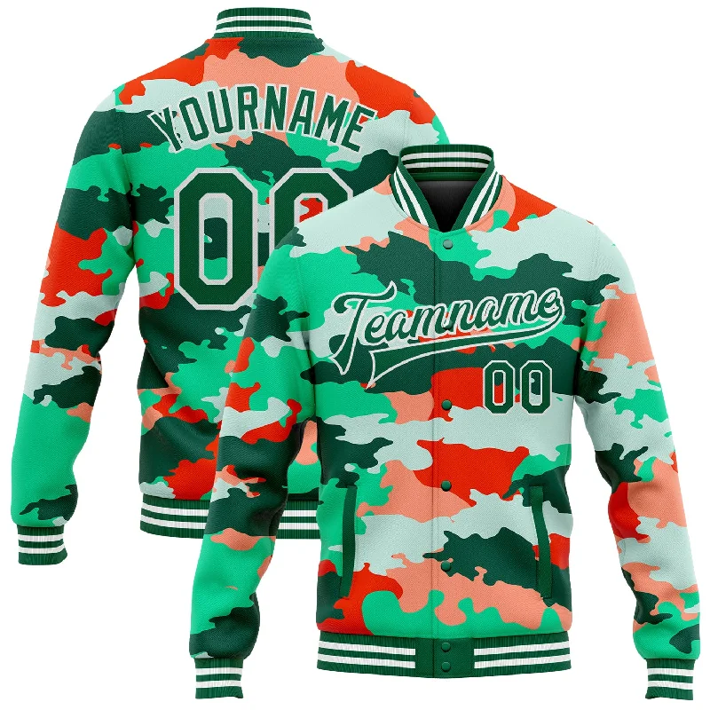 Gender-Neutral Trendy Clothing Styles Minimalist Fashion Sale Custom Camo Kelly Green-White Fluorescent Camouflage 3D Bomber Full-Snap Varsity Letterman Salute To Service Jacket