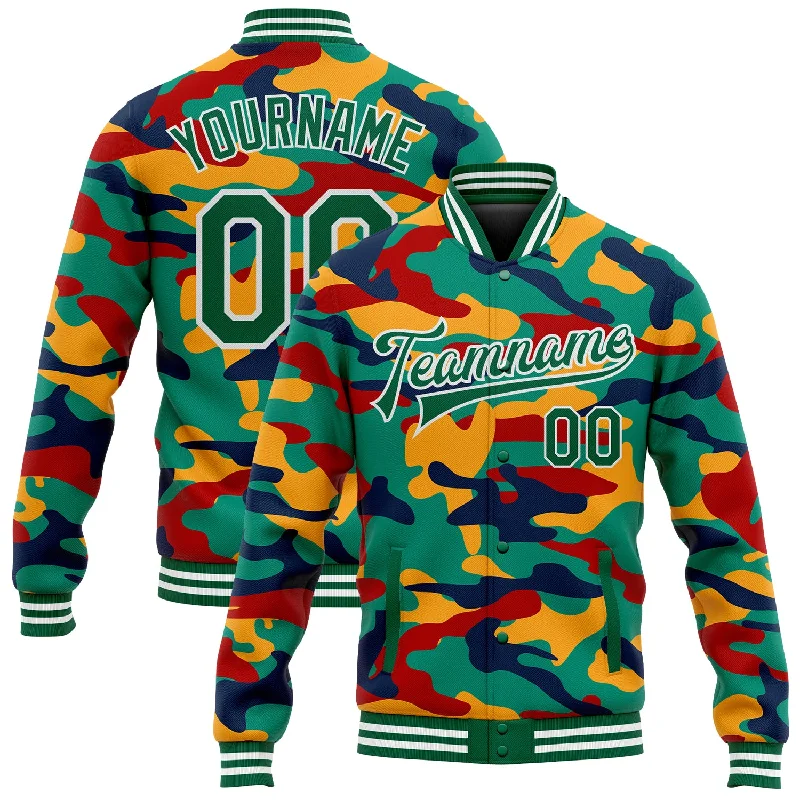 Elegant And Minimal Gender-Free Clothing Must-Have Style Discounts Custom Camo Kelly Green-White Fluorescent Camouflage 3D Bomber Full-Snap Varsity Letterman Salute To Service Jacket