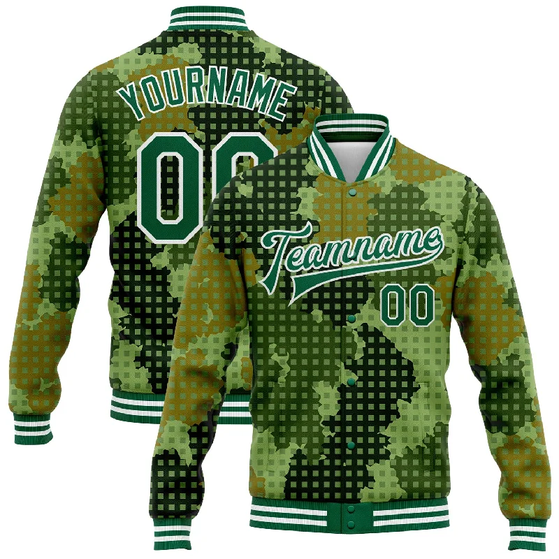 Minimalist Unisex Fashion Must-Haves Chic Style Discounts Custom Camo Kelly Green-White Geometric Camouflage 3D Bomber Full-Snap Varsity Letterman Salute To Service Jacket