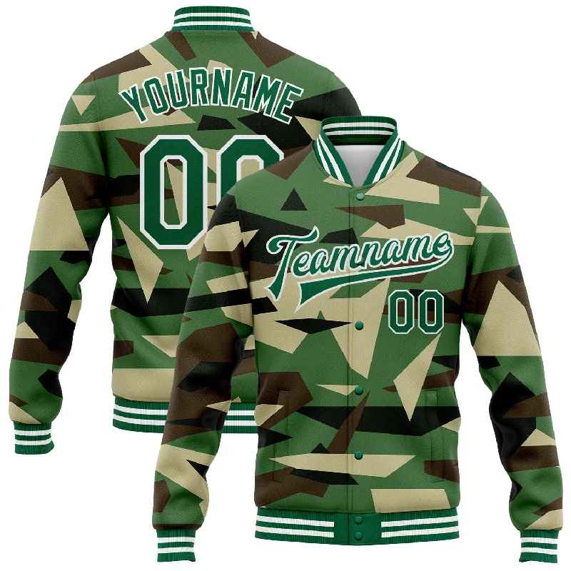 Oversized Unisex Apparel For Effortless Style Imeless Style Custom Camo Kelly Green-White Geometric Camouflage 3D Bomber Full-Snap Varsity Letterman Salute To Service Jacket