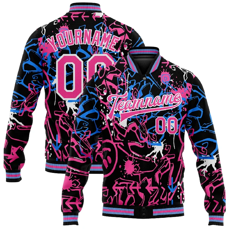 Classic And Timeless Unisex Style Embrace New Fashion Custom Graffiti Pattern Pink-White Abstract Grunge Art 3D Bomber Full-Snap Varsity Letterman Jacket