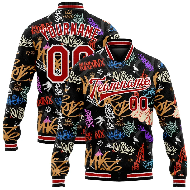 Functional And Stylish Unisex Outerwear Special Offers, Don't Miss Custom Graffiti Pattern Red-White Hiphop Urban Street Art 3D Bomber Full-Snap Varsity Letterman Jacket