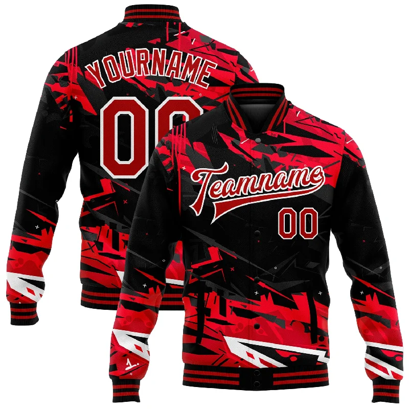 Sleek And Contemporary Gender-Free Outfits Final Sale Custom Graffiti Pattern Red-White Dark Black Abstract Urban Street Art 3D Bomber Full-Snap Varsity Letterman Jacket