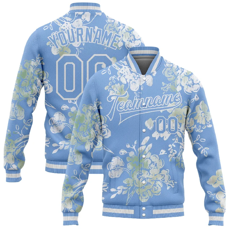 High-Quality Unisex Fashion Basics Minimalist Fashion Sale Custom Light Blue White Plant And Flower 3D Pattern Design Bomber Full-Snap Varsity Letterman Jacket