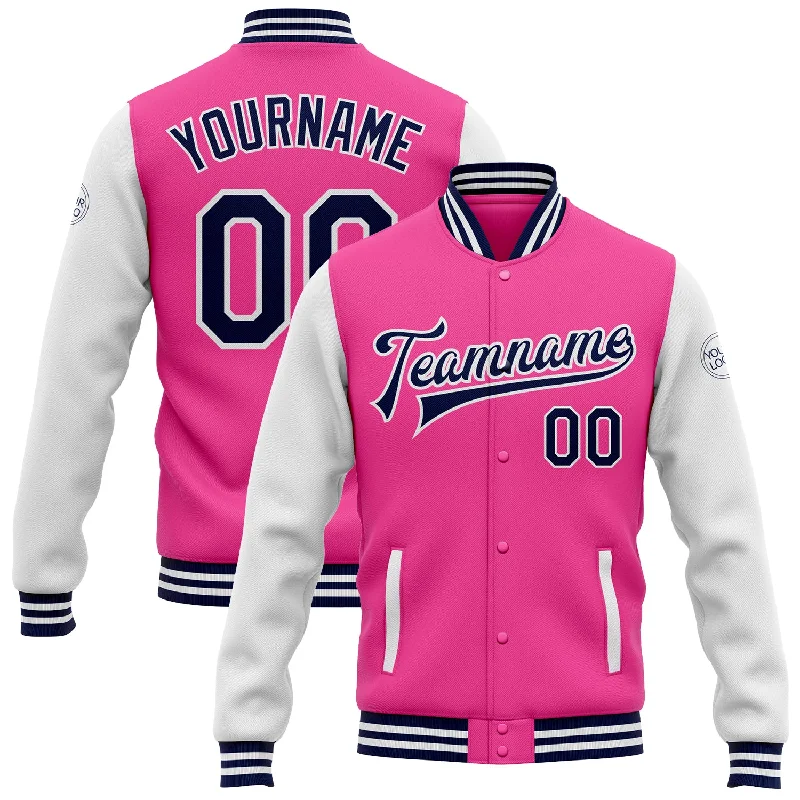 Effortless And Modern Unisex Dressing Quick Grab Deals Custom Pink Navy-White Bomber Full-Snap Varsity Letterman Two Tone Jacket