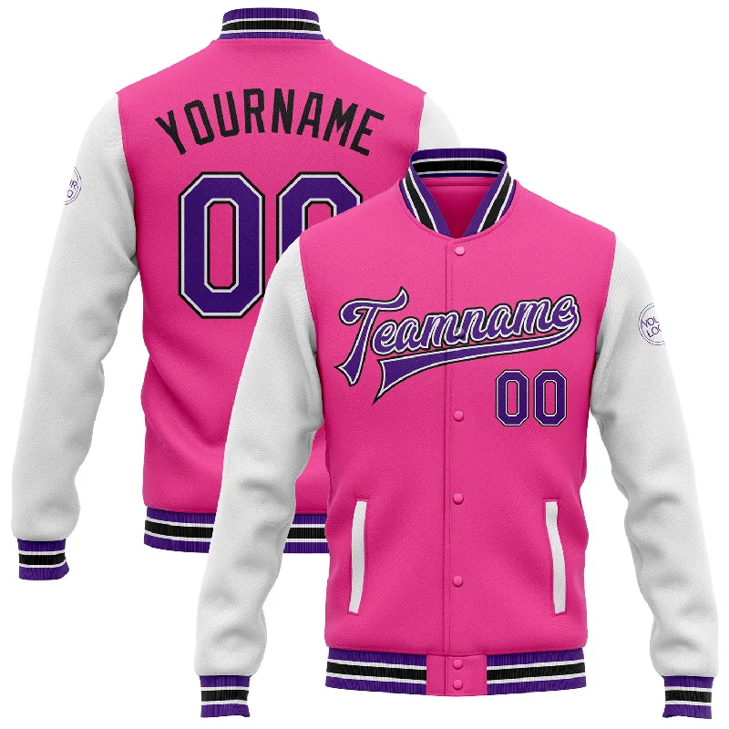 High-Quality Unisex Basics For All Occasions Budget Saver Custom Pink Purple White-Black Bomber Full-Snap Varsity Letterman Two Tone Jacket