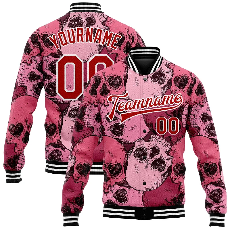 Lightweight And Breathable Unisex Wear Easy Elegance Sales Custom Pink Red-White Skull With Heart Shaped Eyes 3D Bomber Full-Snap Varsity Letterman Jacket