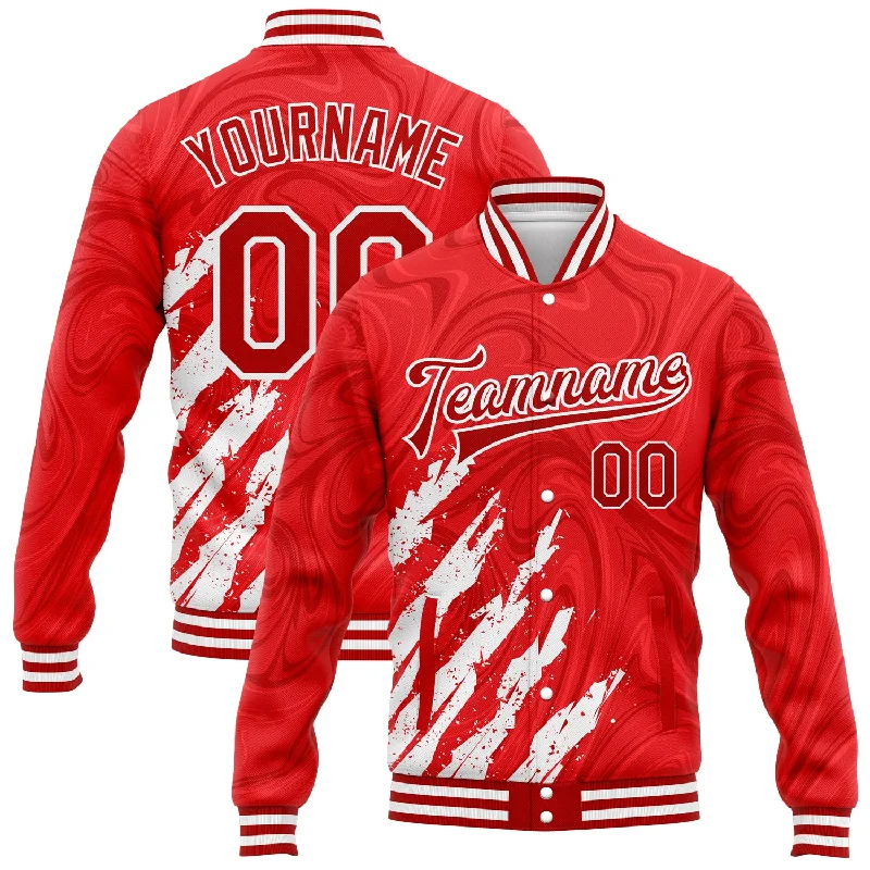 Sleek And Stylish Unisex Outerwear Easy Elegance Sales Custom Red White 3D Pattern Design Bomber Full-Snap Varsity Letterman Jacket