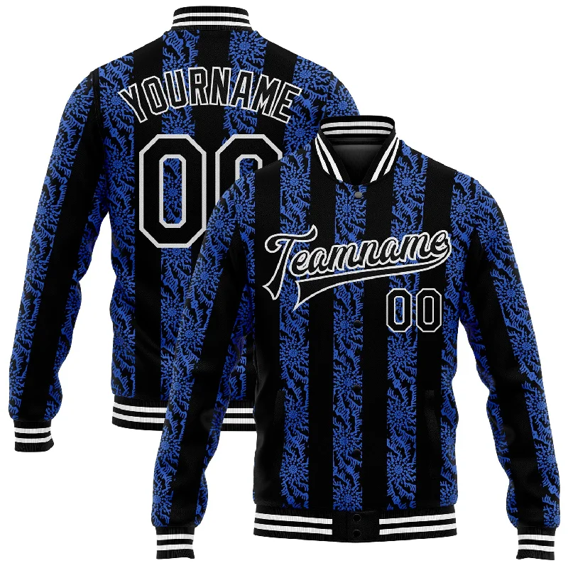 All-Season Unisex Clothing Collection Fashion-Forward Offers Custom Royal Black-White 3D Pattern Design Bomber Full-Snap Varsity Letterman Jacket